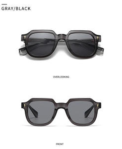 Detailed view of translucent gray sunglasses with golden rivets and a top down perspective