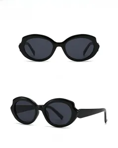 Front and 45-degree side views of futuristic black thick frame sunglasses with dark lenses