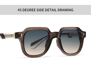Detailed 45-degree side view of translucent brown polygonal sunglasses with metal rivets