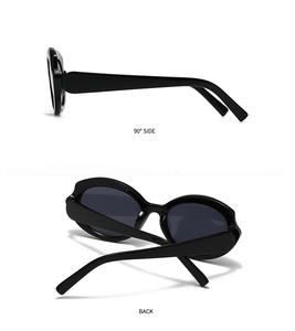 Side and back view showing the thick glossy frame of futuristic polygon sunglasses