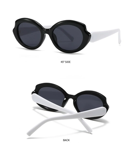 Detail views showing 45-degree side and back of futuristic black and white sunglasses