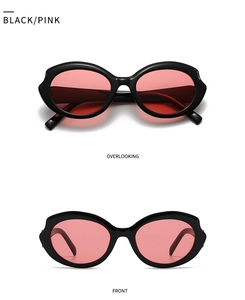 Dual-angle view of futuristic thick-frame black oval sunglasses with pink lenses