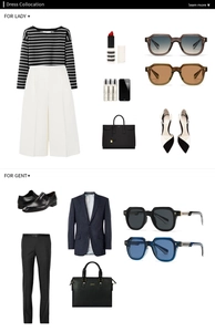 Flat lay of men and women outfits featuring stylish polygon sunglasses and accessories