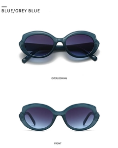 Futuristic blue polygon sunglasses with gradient purple lenses in top and front views