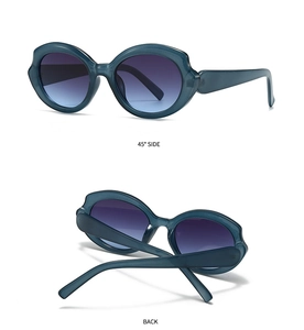 Detail view showing 45-degree side and back of futuristic teal thick frame sunglasses
