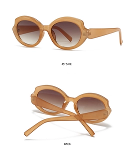 Detail of amber polygon sunglasses with brown gradient lenses, 45-degree and back views