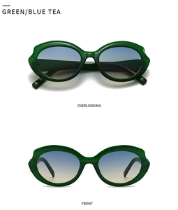Green oval sunglasses with blue tea gradient lenses in front and top view shots