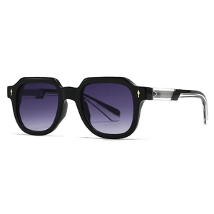 Retro polygon black square sunglasses with purple gradient lenses and gold arrow studs