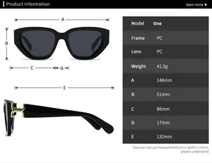 Detailed sizing chart for square sunglasses showing 146mm width and PC material specs