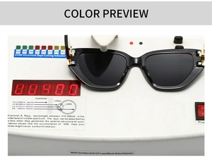 Square black sunglasses shown on a UV400 test device proving 100% UV protection