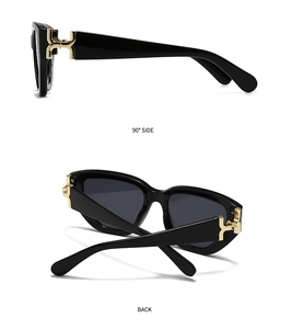 Detail view showing the 90-degree side and back of square sunglasses with gold metal hinges