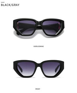 Detailed front and overlooking views of black square sunglasses with gradient purple lenses