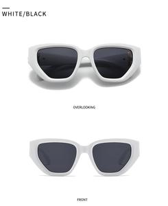 Front and top view of white rectangular cat eye sunglasses with black lenses