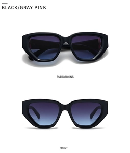 Front and overhead views of thick black square sunglasses with gradient tinted lenses