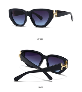 Detail of square sunglasses with blue-purple gradient lenses and gold H-hinge metal logo