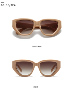 Front and top view of beige geometric square sunglasses with gradient tea lenses