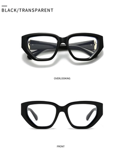 Front and top view of luxury black square frame sunglasses with transparent lenses