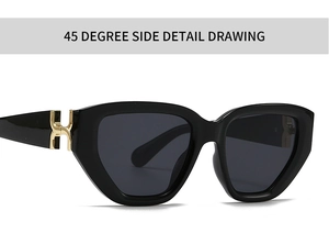 Detail view of black square sunglasses featuring a golden metal hinge on the temple
