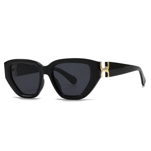 Square black sunglasses with gold H metal logo on temple in a 45-degree angle view