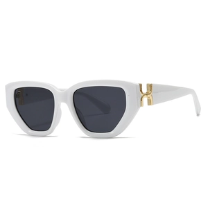 Fashion square white sunglasses with dark lenses and gold H-link detail on the temples