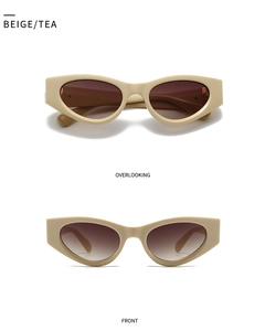 Vue de face et de dessus des lunettes de soleil œil de chat beige avec verres thé