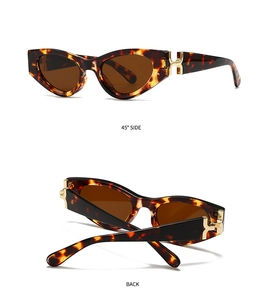 Vue détaillée de lunettes de soleil œil-de-chat écaillées avec ornements dorés en H