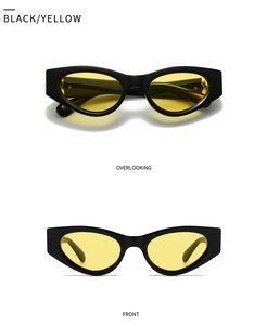 Vue détaillée des lunettes de soleil carrées cat-eye avec monture noire et verres jaunes