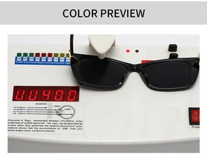 Square sunglasses shown undergoing a professional UV400 protection functional test