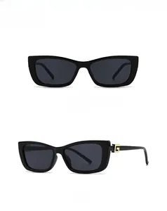 Front and side view of square black sunglasses with gold metal G detail on the temple