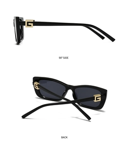 Detail view of black square sunglasses with metallic gold G letter on the hinge