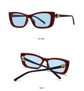 Detail view showing gold-tone G-hinge on burgundy cat-eye sunglasses with blue lenses