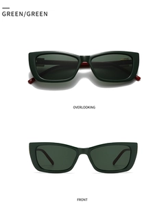 Dual view of vintage dark green square sunglasses with matte finish and red accents
