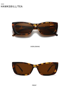 Close-up of hawksbill square sunglasses with tea lenses and thick acetate frame
