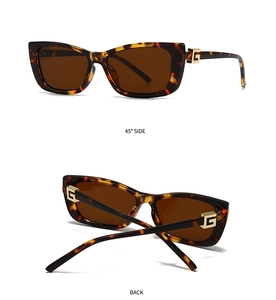 Detail view showing 45-degree side and back of square tortoiseshell sunglasses with gold G logo