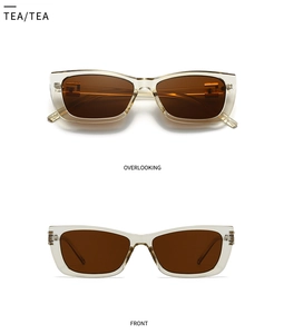 Front and top view of transparent frame square sunglasses with tea colored lenses