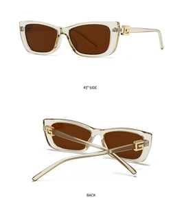 Detail view of champagne square sunglasses with gold metal G hinge and brown lenses