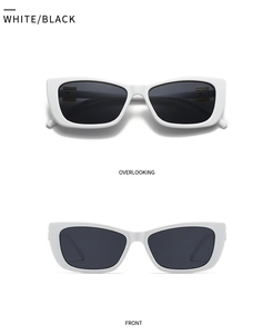 Detailed views of white square sunglasses with black lenses and gold metal accents