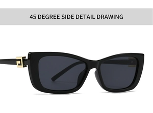 Detail view of square sunglasses featuring black frames and gold G-shaped metal temple accent