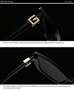 Close-up of square sunglasses temple showing reinforced metal hinge and golden G detail