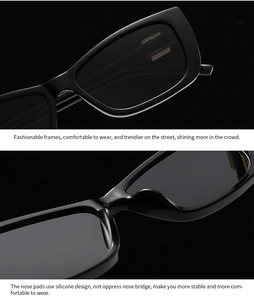 Detailed close-up of thick square frames and integrated silicone nose pads for comfort