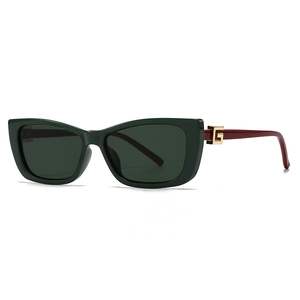 Retro square oversized sunglasses with dark green frame and burgundy temples in side view