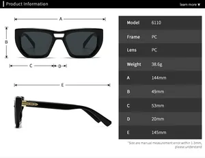 Detailed size chart for retro square sunglasses showing frame dimensions and PC material