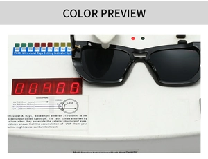 Detail view of square black sunglasses showing UV400 protection test results on a professional device