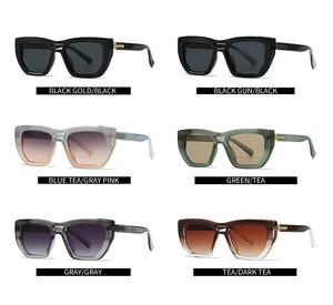 Six different color options for square frame sunglasses with metal arrow accents