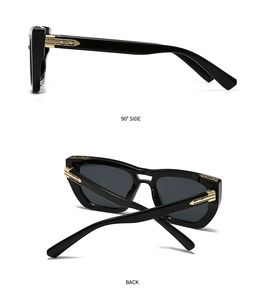Detail of square sunglasses featuring golden cross ornaments on the side and back view