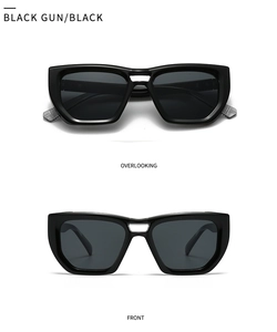 Detailed multi-angle views of black square sunglasses with polished dark grey lenses