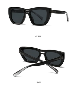 Detail view of square black sunglasses showing 45-degree side and back with metal accents