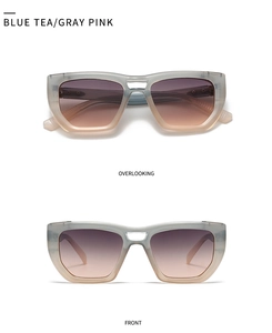 Detail view showing blue tea and gray pink gradient square frame with gradient lenses