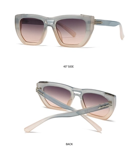 Detail of square sunglasses with gradient frames and metallic decorative hinge accents