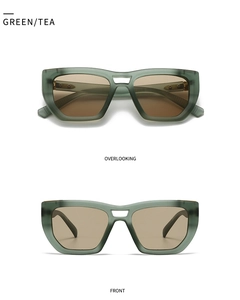 Detailed views of square green frames and tea lenses showing the vintage retro sunglasses